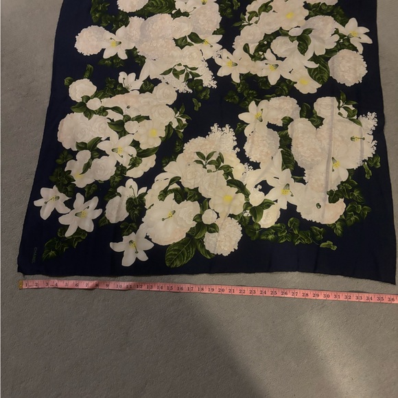 Authentic CHANEL Navy and White Floral Silk Scarf - Picture 2 of 7